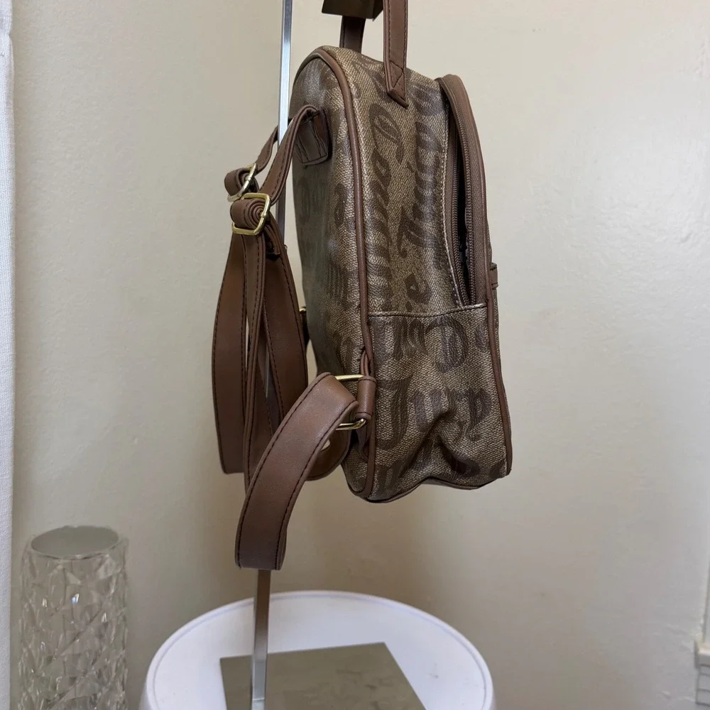 Juicy Couture Brown Monogram‎ Mini Backpack Gold Heart Chain Logo Print Bag